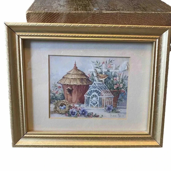 BIRDHOUSE PICTURE BACKYARD MORNING BARBARA MOCK Water Color Printed Framed 8x10 - Picture 1 of 6